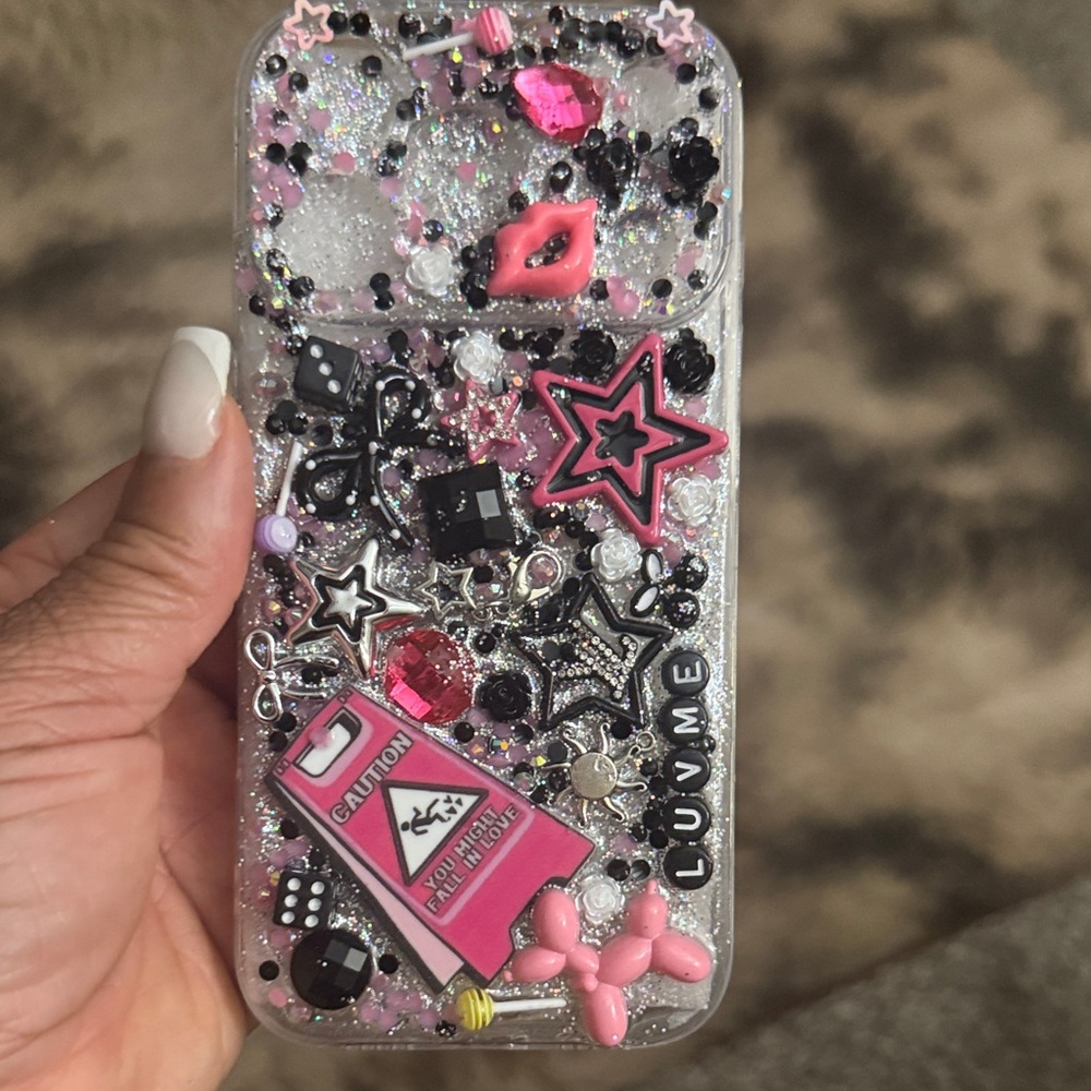 Decorative Glitter Phone Case - Pink and Black